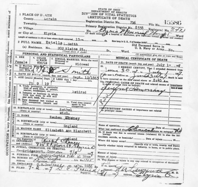 Death Certificate - Smith, Estella (Cheney) - 1937