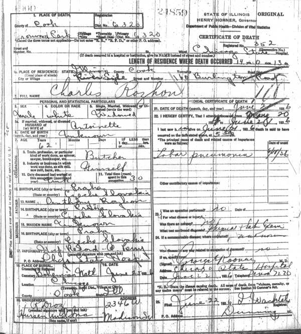 Death Certificate - Rozhon, Charles (1871-1936)