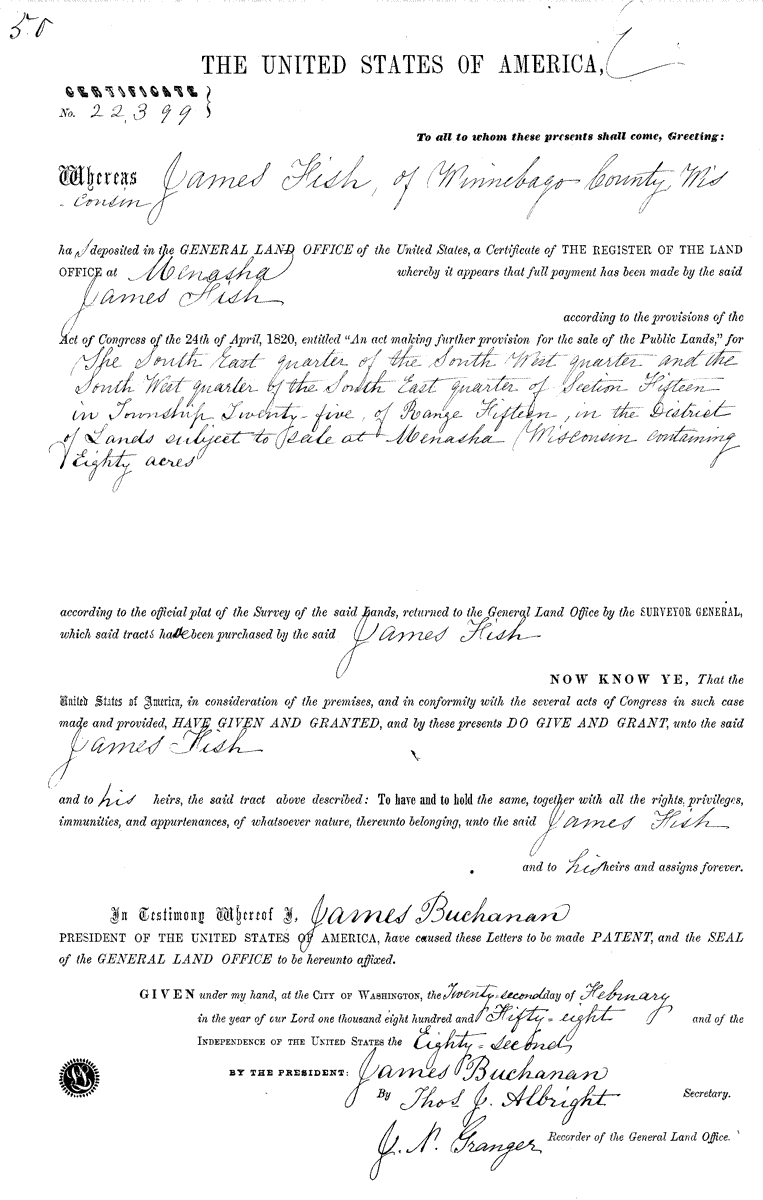 Fish, James Jr - 1858 Land Patent