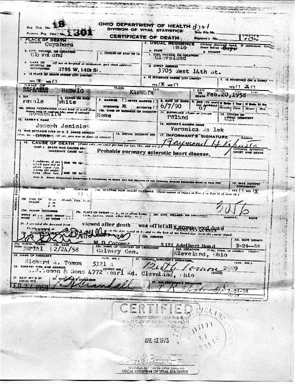 Death Certificate - Jemiola, Jadwiga (1958)