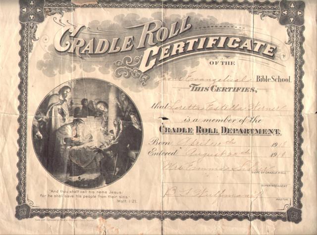 Werner - Cradle Roll Certificate - Werner, Loretta Estelle