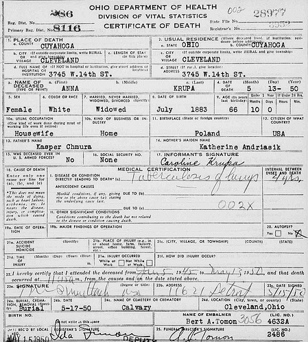 Death Certificate - Chmura, Anna (1883-1950)
