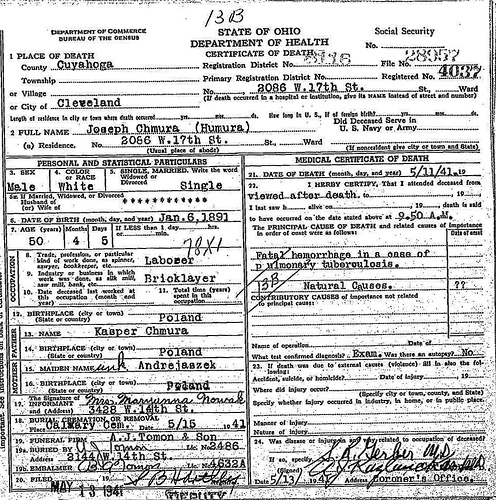 Death Certificate - Chmura, Joseph (1891-1941)