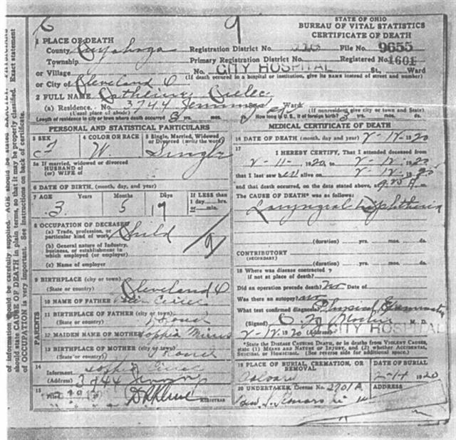 Death Certificate - Cielec, Catherine (1916-1920)