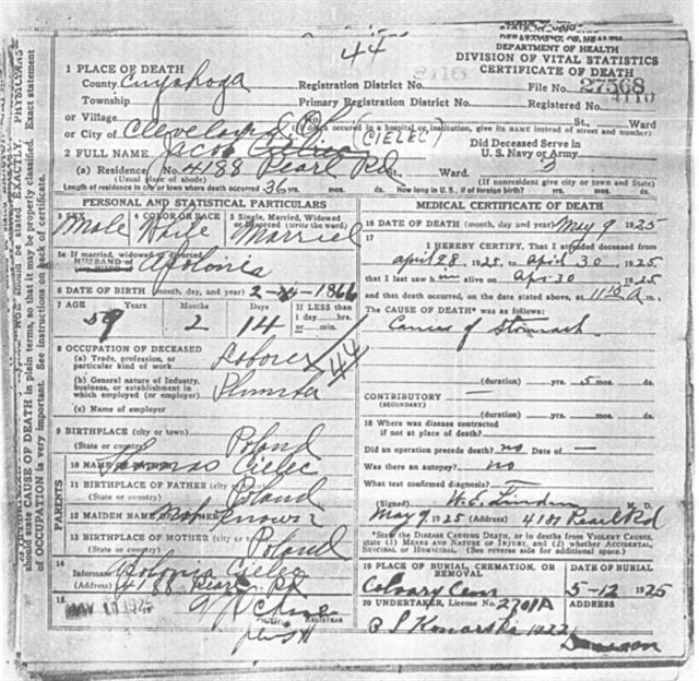 Death Certificate - Cielec, Jacob