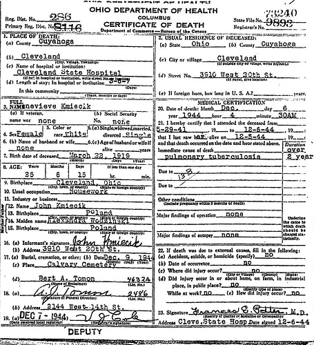 Death Certificate - Kmiecik, Genevieve (1919-1944)