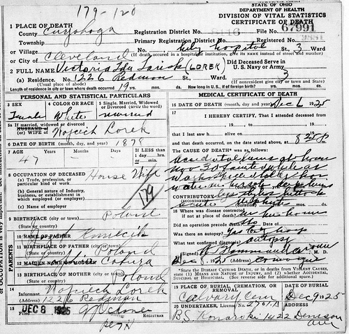 Death Certificate - Kmiecik, Victoria (1878-1925)