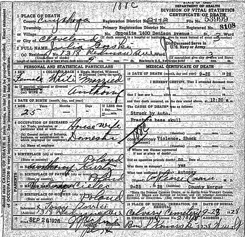 Death Certificate - Kurtz, Julia (1903-1928)