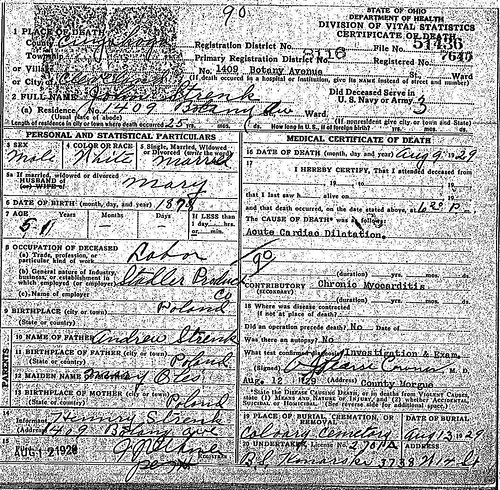 Death Certificate - Strenk, John (1878-1929)