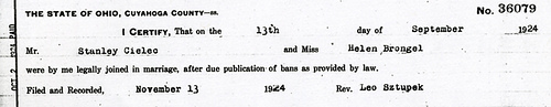 Marriage record - Cielec, Stanley and Brongel, Helen