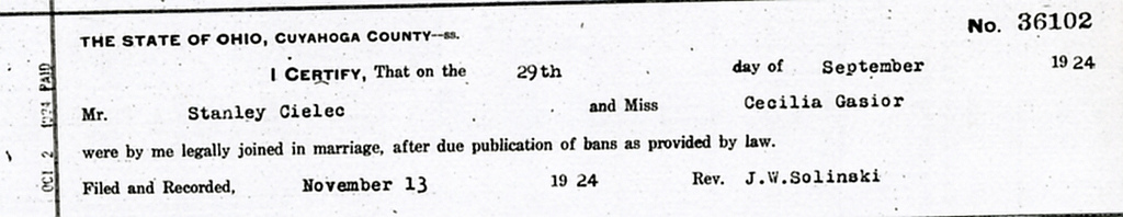 Marriage record - Cielec, Stanley and Gasior, Cecilia