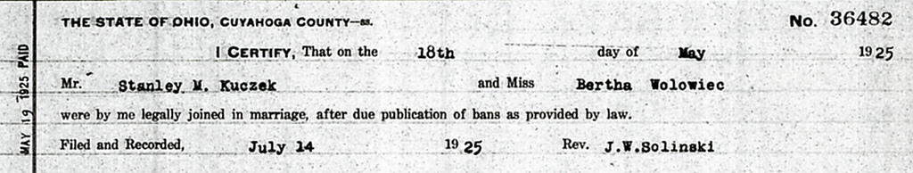 Marriage Record - Kuczek, Stanley and Wolowiec, Bertha