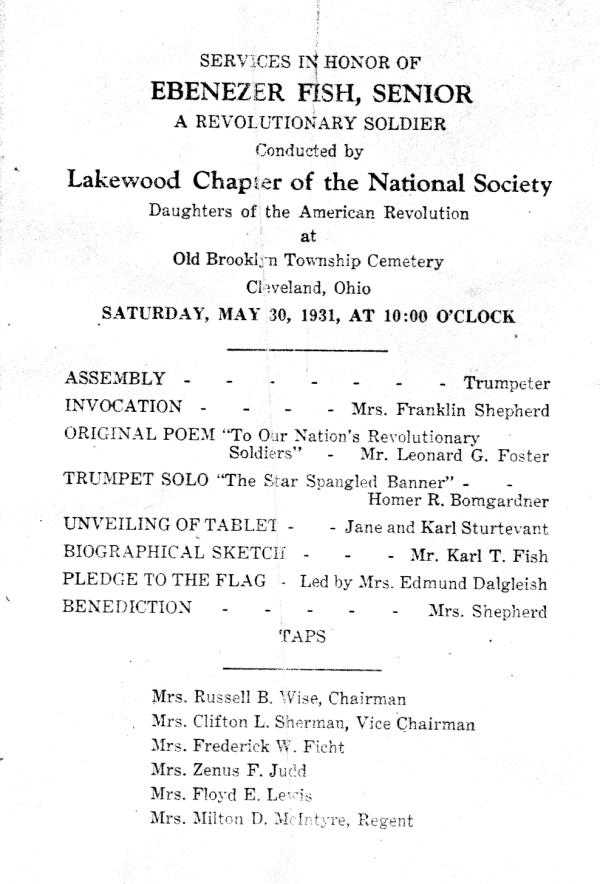 Memorial Program (1931)
Services in honor of Ebenezer Fish, Revolutionary War Soldier