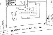 1912 Property map for W.14th and Denison Ave. showing a dwelling, stables, wagon sheds, and work shop.